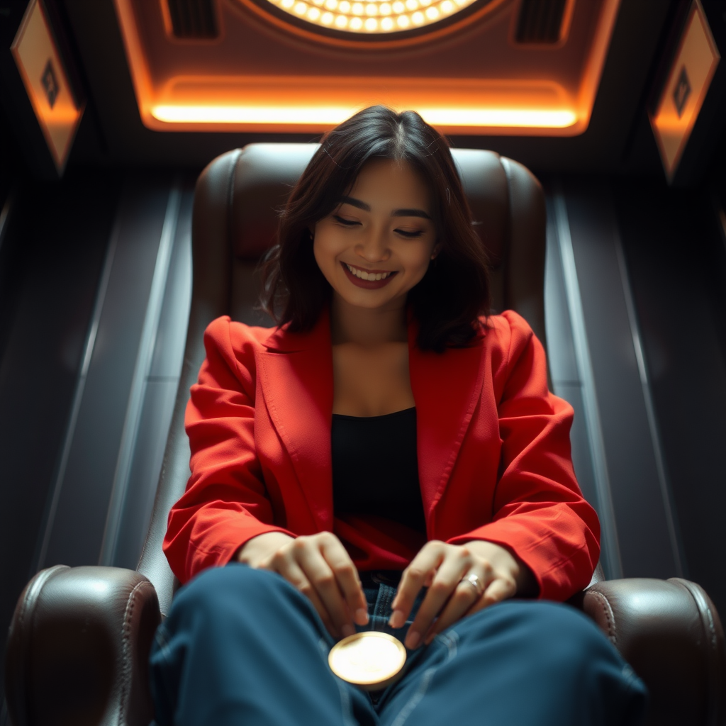 photo low angle full body shot beautiful xiaomeimei looking down. She is sitting on a chair. she is grinning. her arms are on the armrests. there is a token on the floor in front of her