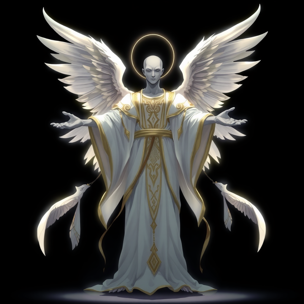 (Anime-styled art)
Set against a deep, black background, a mysterious and godly being stands, radiating an aura of divine power. The figure is faceless, with smooth, grey skin that adds to its enigmatic presence. It is adorned in flowing white and gold robes, intricately detailed and illuminated by a soft, ethereal light. The being’s arms are outstretched, as if offering both guidance and judgment.

Two large, majestic white wings extend from its back, gracefully spread wide, while two smaller wings rest gently below them, adding a layered elegance to its celestial form. The entire composition evokes a sense of holiness and mystique, capturing the viewer's imagination with its serene yet powerful presence.