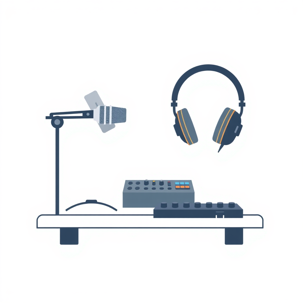 A minimalist, flat design illustration of a podcast setup. The image should include a microphone, headphones, and a sound mixer on a simple desk or tabletop. The background should be a plain, neutral color like white, gray, or light blue. The overall style should be clean, modern, and visually appealing as a generic stock image for podcasting.