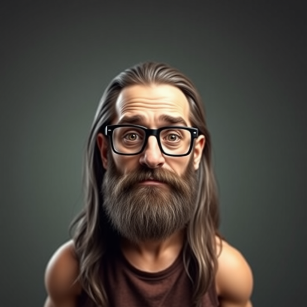 make a greasy man with thin framed square glasses, long hair, small arms and no beard. no beard no beard no beard