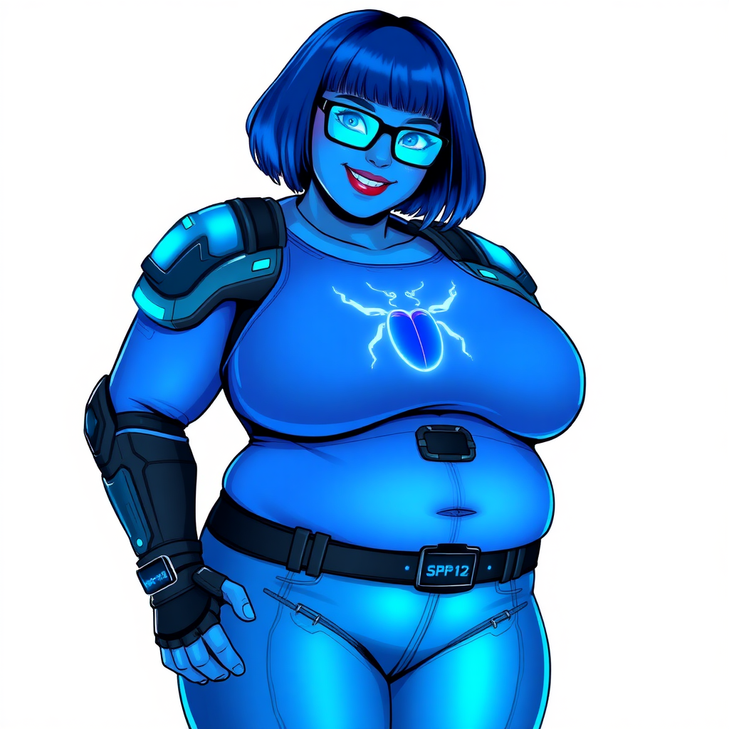 A 28-year-old, full-figured, metallic maximum blue (5PB 5/10) skinned computer program hybrid with a maximum blue bob cut. She has a non-athletic build, highlighted by a prominent, round, large midsection (with a full emphasis on her large belly), which shows the effects of her love of junk food acquired from her boyfriend. As the full-figured, nerdy, digital sidekick to her cyberpunk vigilante boyfriend, her metallic maximum blue skin and maximum blue lipstick (5PB 5/12) emphasize her digital nature. Her skin has a subtle, animated glow, with digital patterns occasionally flickering across it, making her digital nature obvious. She wears a digital, computerized costume, consisting of a huge, tight-fitting, maximum blue tank top (5PB 5/10) with a neon blue glowing chest icon of a beetle, hi-tech shoulder pads with neon blue accents, a black hi-tech belt with a digital neon blue glowing buckle, digital maximum blue pants (5PB 5/12) with neon blue accents, and black hi-tech fingerless biker gloves with neon blue glowing accents. Her neon blue glowing eyes, black eyeglasses with neon blue glowing lenses equipped with a built-in HUD, and bashful smile with neon red blush accentuate her nerdiness. She stands bashfully with one hand behind her back and the other hand gently touching her cheek, her costume covering all her skin and fully emphasizing her full-figured physique (especially her belly). She is clearly non-athletic, with a focus on her full-figured physique. Despite her build, she radiates beauty. She has a slim face compared to her physique, accentuating her radiant beauty. She is on a solid white background. She is drawn as if she were in a retro 2D cyberpunk fighting game. Ensure her skin has a maximum blue (5PB 5/10) skin tone.