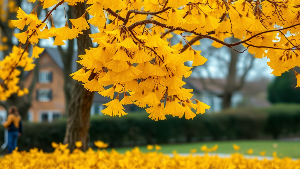 A lifelike yellow ginkgo tree, with ginkgo leaves fallen at the bottom, and the background expressed with out-focusing.