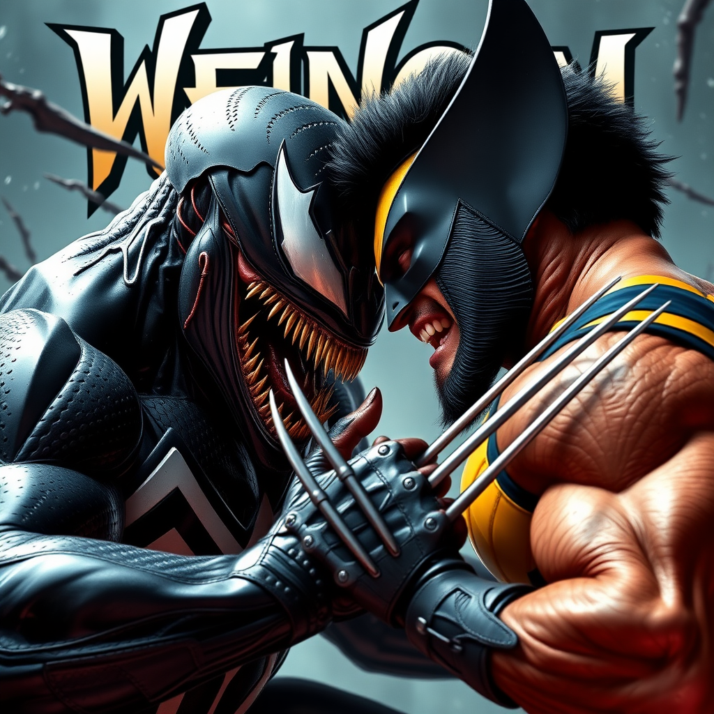 On a comic book cover is Venom Vs Wolverine in Cinematic Real3d photo-realistic quality.