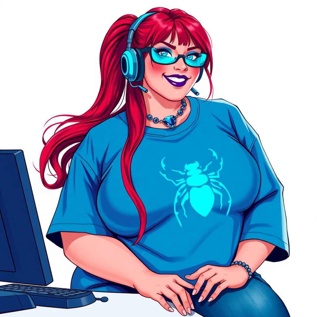 A cyberpunk vigilante’s full-figured intelligent and tech-savvy 29-year-old girlfriend, who is a computer hacker and tech genius. She has a long ruby red ponytail and bright blue eyes. She wears maximum blue lipstick, a sapphire beetle gemstone necklace, sapphire earrings, and an oversized maximum blue t-shirt featuring a neon blue glowing icon of a beetle on its chest. She has a full-figured physique with a prominent, gargantuan, round midsection, reflecting her well-cared-for lifestyle. She sports a sapphire headset with hi-tech maximum turquoise lensed HUD eyeglasses, and a beaming smile with a passionate bright red blush. Despite her figure and a lack of self-esteem, she radiates beauty. She has a slim face which contributes to her radiant beauty. She serves as his tech expert from his hideout, diligently working at her lab table and computer desk. The background is solid white. She is drawn as if she was in a retro 2D cyberpunk fighting game.