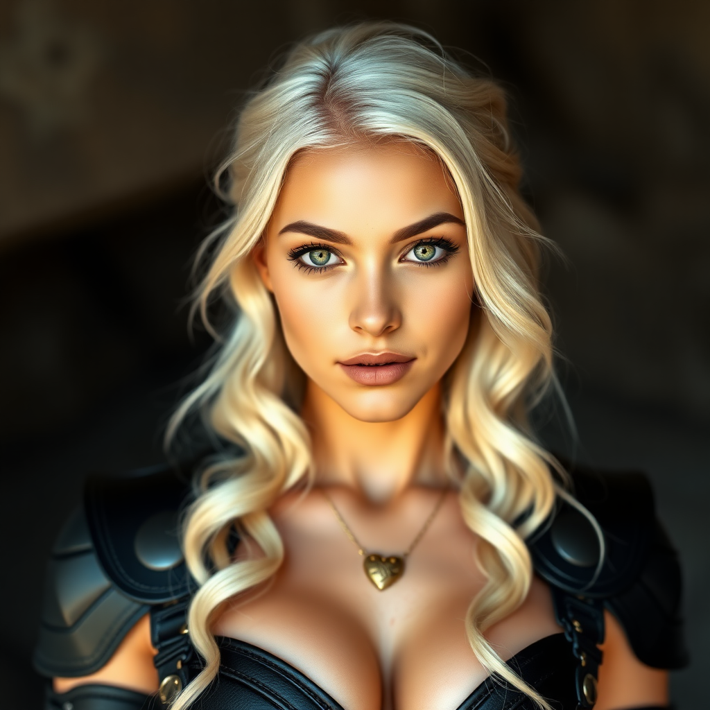 Portrait of a beautiful young woman with long wavy platinum blonde hair, green eyes, a suntan, light brown eyebrows, and large breasts. She is wearing black leather armor and a gold necklace with a small heart pendant.