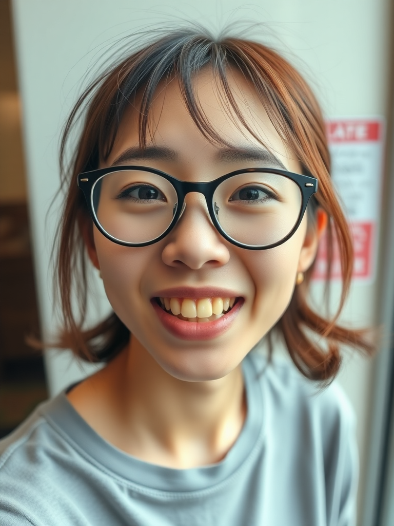 real casual photo, japanese nerdy skinny woman with big nose, big mouth, big yellowish teeth, moles, big eyeglasses and medium hair, retarded