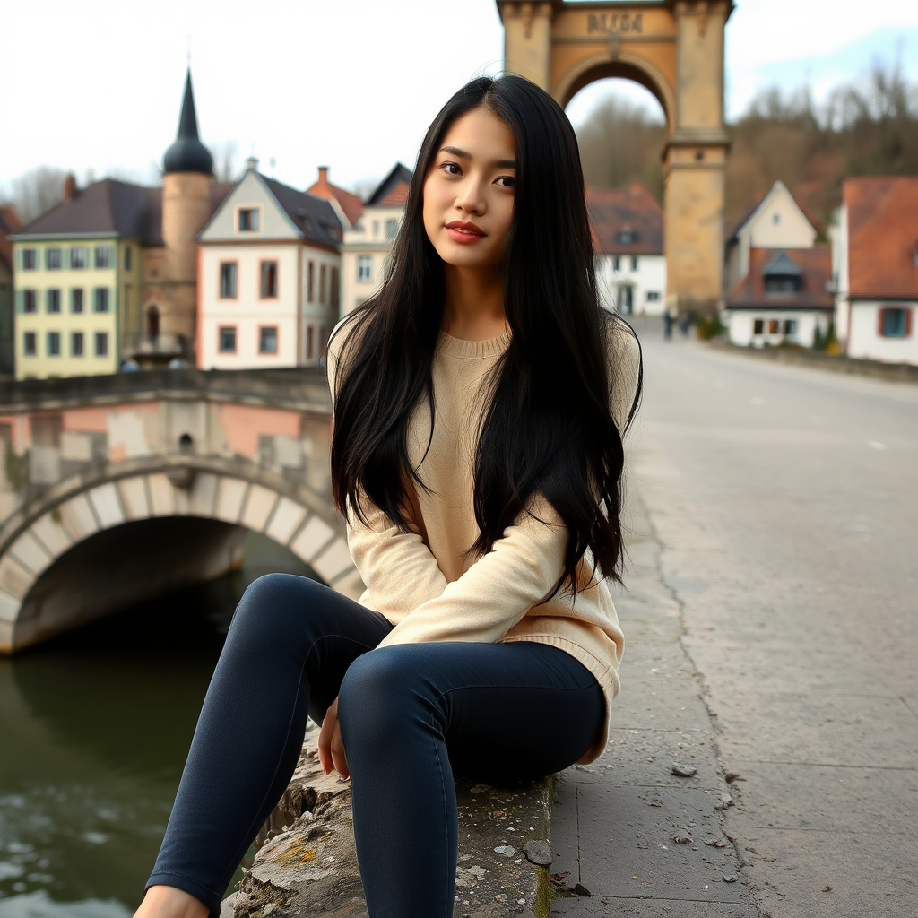 A young Asian woman with long, jet-black hair sits on a crumbling bridge in Würzburg.