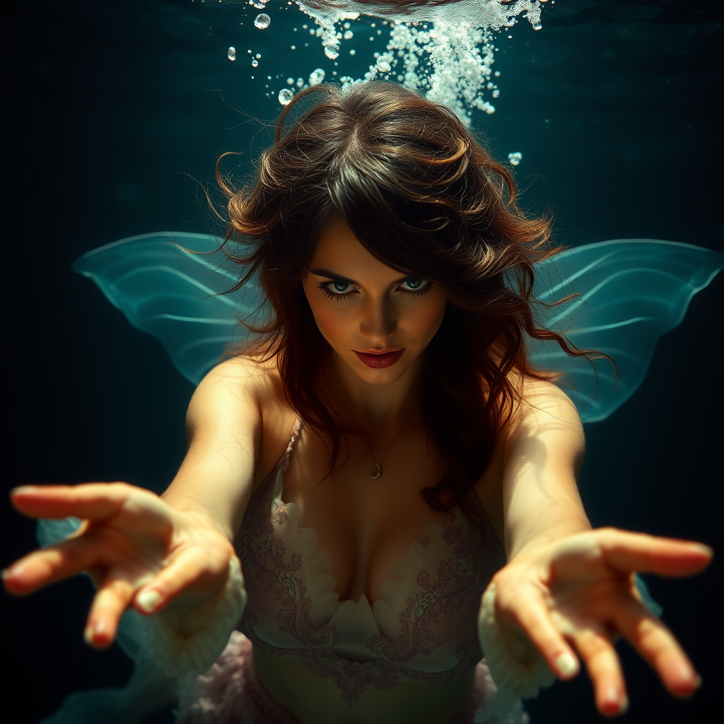 Succubus as a mermaid underwater loose hair floating in a nimbus around her beautiful face her arms outstretched towards the viewer and she's looking down into the viewer's eyes making intense eye contact. loose fitting diaphanous. Real DSLR HD Photography. Burlesque