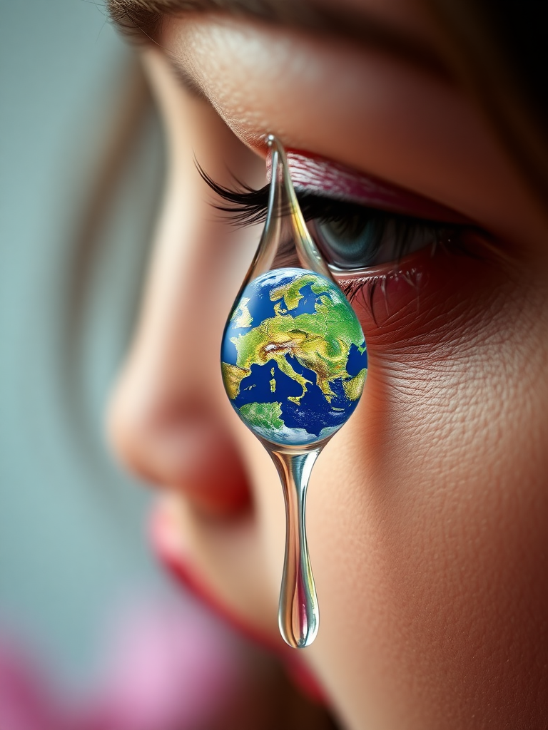 Create the following prom: A large single tear runs down a woman's cheek. In the drop you can see the earth with the continent of Europe. The tear comes out of the corner of her eye.