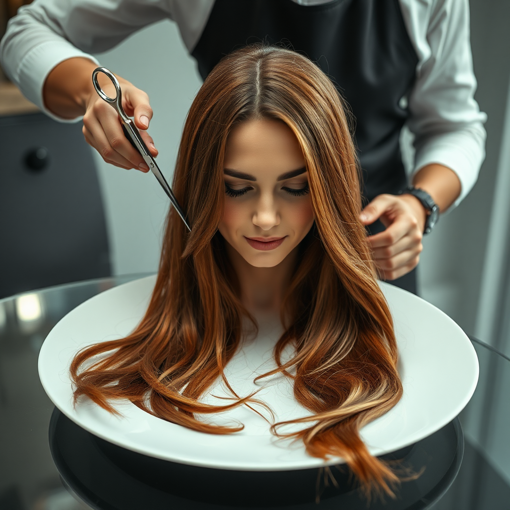 In a bizarre, surreal tableau, the polished surface of an elegant dining plate cradles the disembodied head of a strikingly beautiful Kate Middleton, her long, flowing hair cascading like a glossy waterfall of deep chestnut and honey highlights. The hair is luxuriously arranged, strands shimmering under the soft, ambient light that bathes the scene in an ethereal glow.

A skilled hairdresser, clad in a sleek black apron, stands poised with a pair of gleaming scissors, carefully trimming the endlessly luxurious locks that frame Kate's serene, almost ethereal features. The air is thick with the scent of salon products mingling with delicate hints of floral fragrances, creating an unusual yet strangely inviting atmosphere. The hairdresser's focused expression reveals a meticulous dedication as snippets of hair fall gracefully onto the pristine plate, echoing a sense of both artistry and absurdity.

The overall emotional tone conveys a dreamlike quality, inviting viewers to ponder the juxtaposition of beauty, identity, and the bizarre circumstances that bind them in this extraordinary moment.