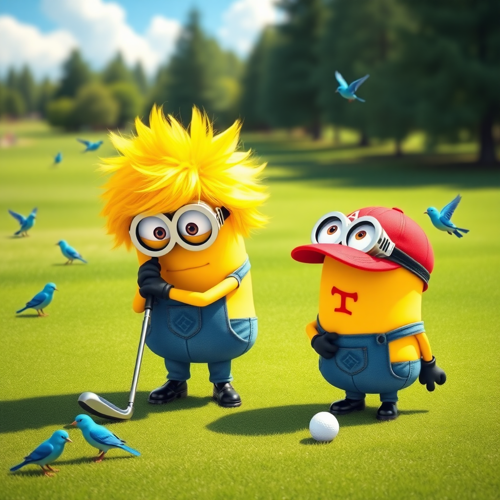 A minion from "Despicable Me" is playing golf on a beautiful golf course. He has a big bright yellow wig of hair. Another minion wearing a red ballcap with the letter "T" emblazoned on it is putting. There are bluebirds and sunshine and the scene is beautiful and peaceful.