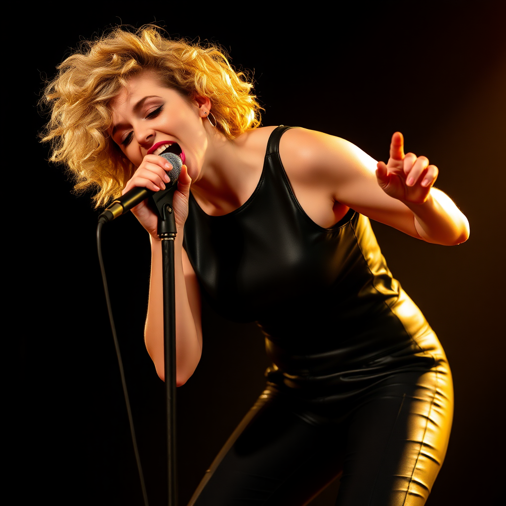 energetic young beautiful woman, leaning forward, very very large breasts, petite with big thighs, curly blonde, black leather top and pants, singing into a microphone with both hands gripping the microphone, black background, warm lighting