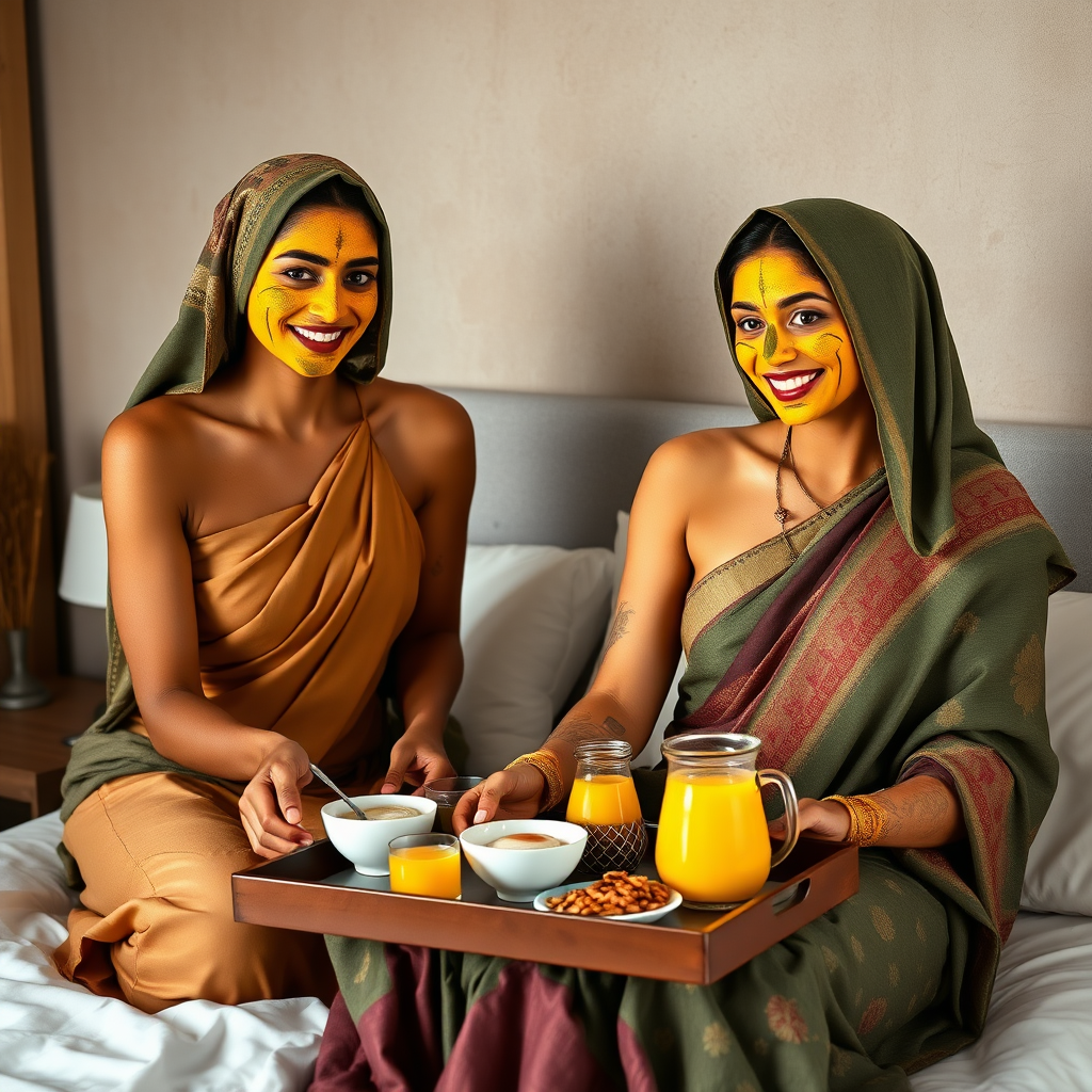 slim, 30 year old, sexy, 2 indian wives, scarf head, turmeric face mask. They are smiling and serving breakfast on a tray on bedside table