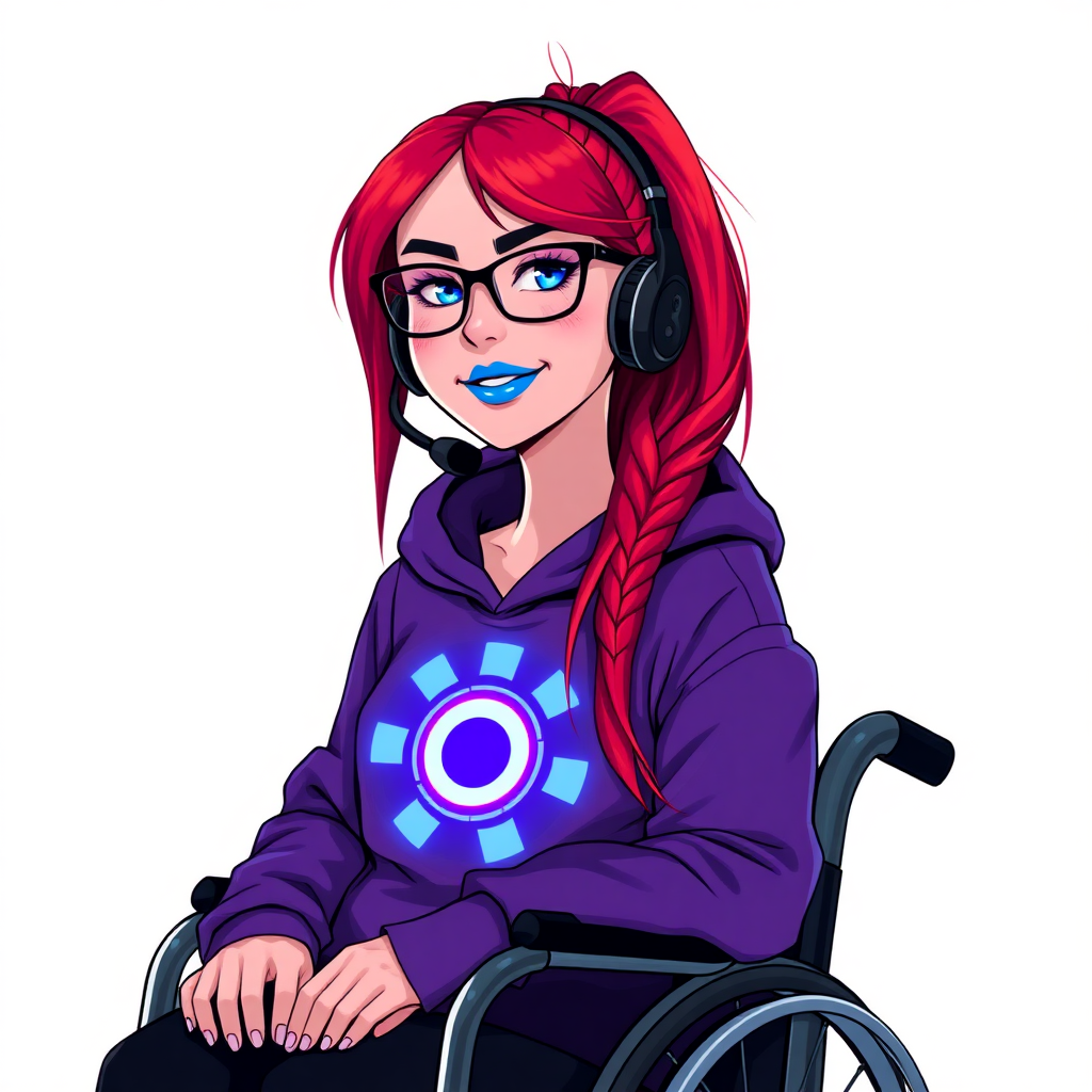 A nerdy, 29-year-old tech genius in a wheelchair, with a long neon red ponytail. She wears maximum blue lipstick, bright blue eyes, and a maximum purple hoodie featuring a neon purple glowing cog chest icon. She sports a charoite headset, black eyeglasses, and a lovestruck smile with neon red blush. She serves as her corrupt Cyberpunk CEO boyfriend's tech expert from his corporate safehouse, diligently working at her lab table and computer desk. The background is solid white. She is drawn as if she was in a retro 2D cyberpunk fighting game.