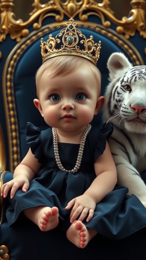 A cute small chubby fair baby with big eyes, pink lips, and pink cheeks, wearing a royal dark blue frock, is sitting on a navy blue throne next to a sitting white fluffy cute tiger in a cinematic (realistic) style.