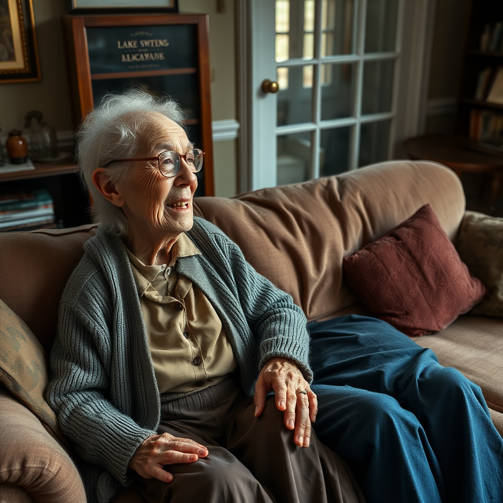 In a scene viewed from an angle and slightly above: In an old-fashioned English living room, a very frail, small and thin, very old and elderly English lady with a kind smile, short, thinning white curly hair, wrinkled face, neck and skin, wearing thin framed glasses, an old cardigan, blouse and long skirt is sitting on a sofa with an English man about 40 years old, grey stubble on his chin, brown hair, sitting close next to her on the same sofa, wearing a black T-shirt and dark blue jeans. The man and woman are smiling at each other. The woman is looking at the man's eyes and smiling. The man is looking at the woman's eyes and smiling.