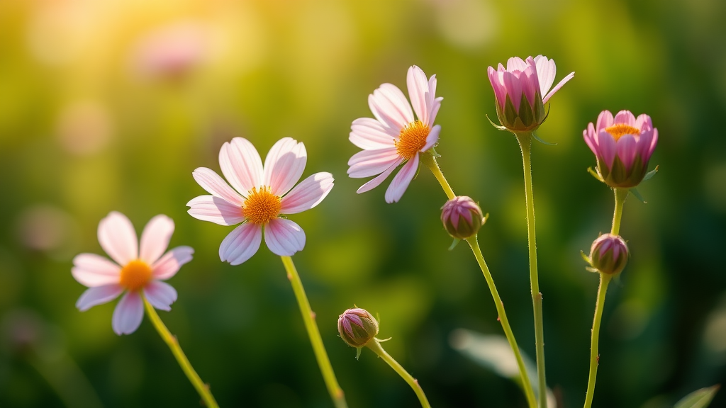 Create a lifelike image of beautiful wildflowers in bloom, with five flower buds arranged naturally to the side, one bud placed on each stem, and the background out of focus with sunlight shining naturally.