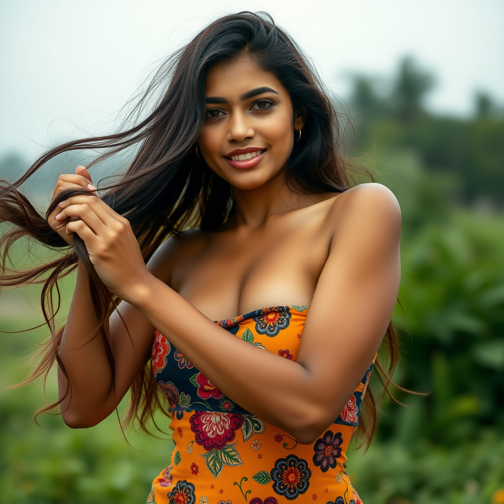 A attractive Sinhalese woman in her 20s playing with her long hair