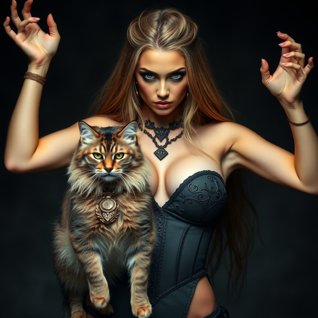 imagine: Terrifying sorceress looking sexy and irresistible. Her body is preternaturally perfect. Staring directly into the eyes of the viewer. Arms up high. She has a brown Siberian Cat as a familiar.