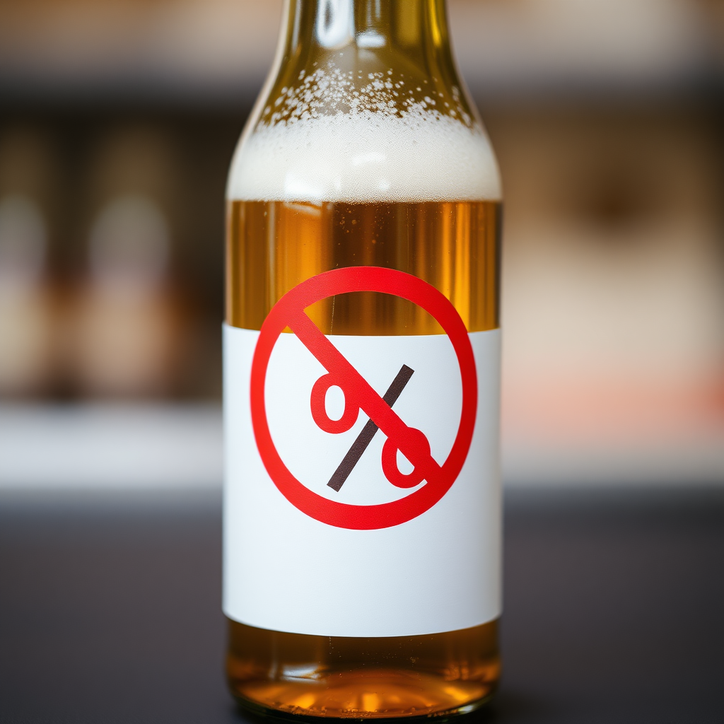 A photo of a beer bottle with a label showing percent symbol crossed in a red circle, photorealistic