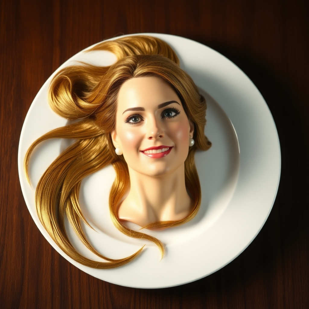 In a surreal and whimsical culinary display, Kate Middleton's disembodied head is elegantly arranged on a pristine, white porcelain plate. Her long, flowing hair cascades luxuriously around the edges, each strand meticulously crafted to shimmer in the ambient light, reminiscent of spun gold. The delicate features of her face, perfectly sculpted, convey a serene expression, with a soft, inviting smile that radiates warmth and grace.