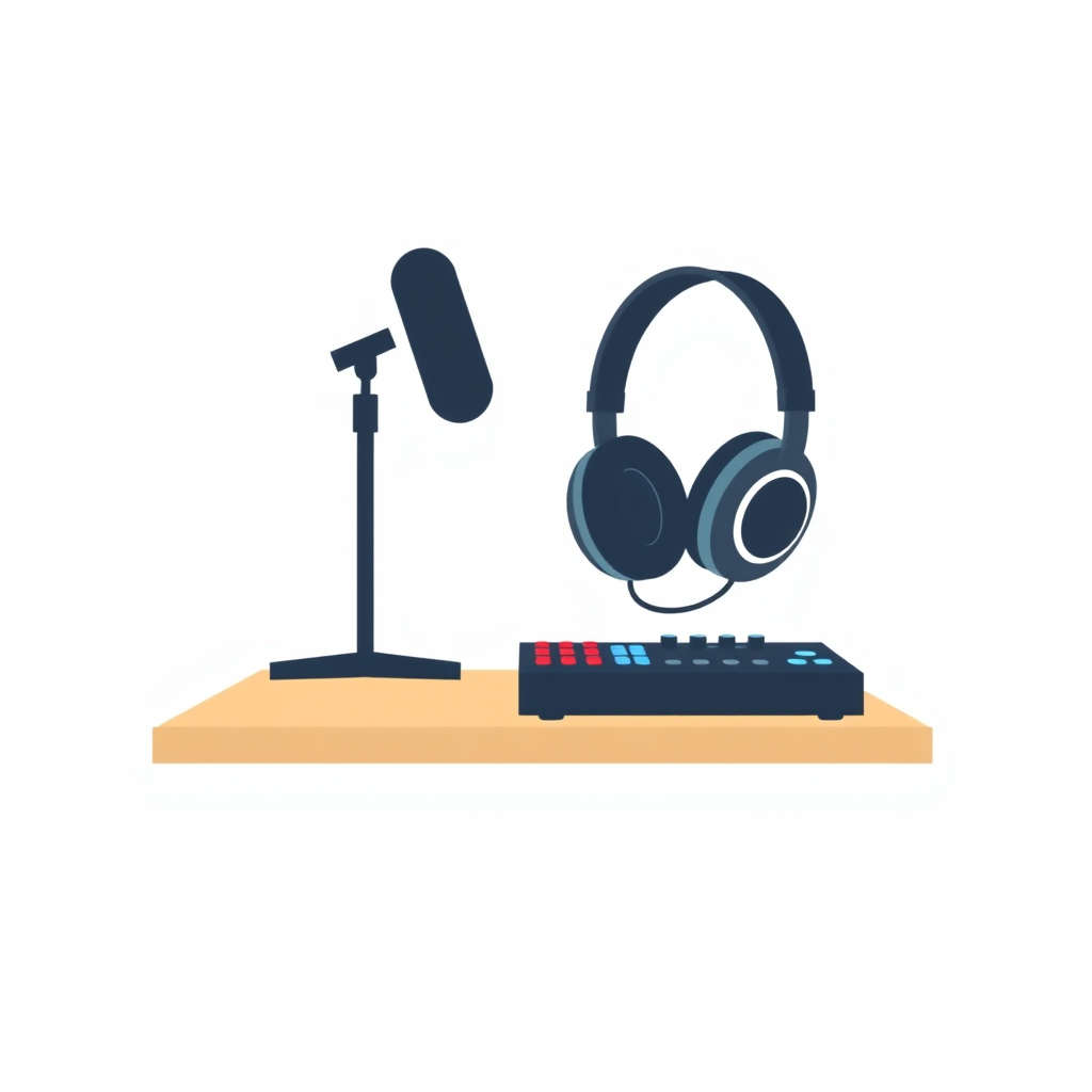 A minimalist, flat design illustration of a podcast setup. The image should include a microphone on a stand, headphones, and a sound mixer on a simple desk or tabletop. The background should be a plain, neutral color like white, gray, or light blue. The overall style should be clean, modern, and visually appealing as a generic stock image for podcasting.