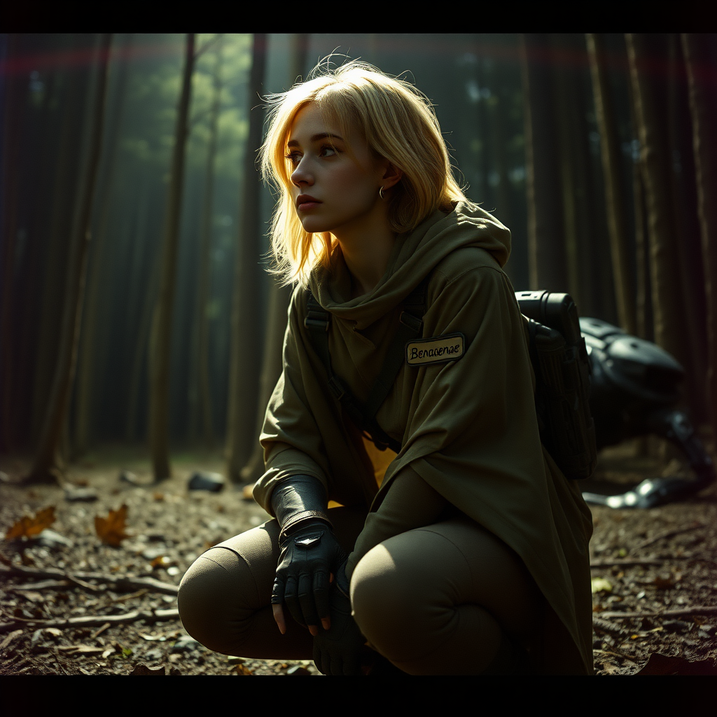 A twenty something female like Ana de Armas, athletic, thin, medium length wild strawberry blond hair, in military poncho, name tag sewn on her left chest pocket that says "Benaenae". Science fiction equipment strapped to her. She is crouching in a forest at night, looking away from camera. Trees all around. Ruined battlemech nearby. Hyperrealistic, lens flare, film grain.