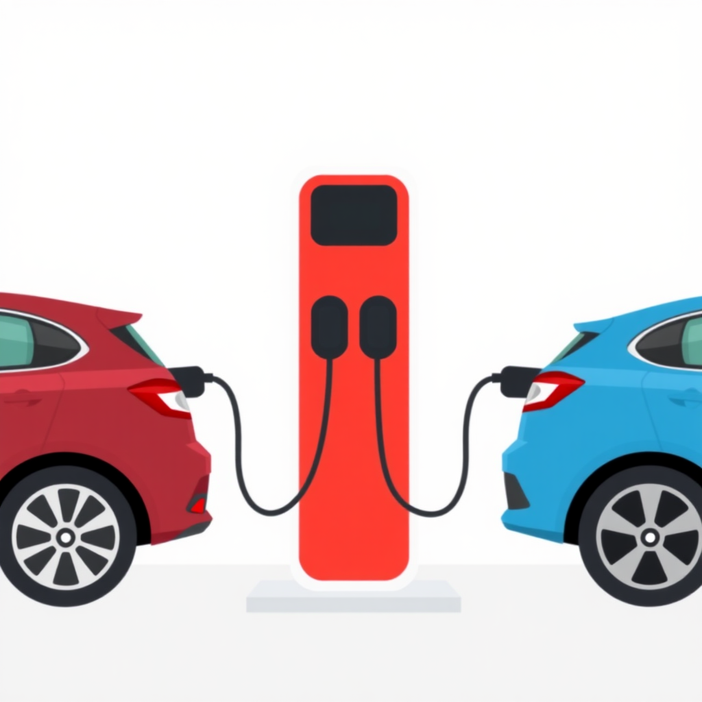 A symmetrical simple flat illustration of an EV charger with two cars connected, cars are fully visible, one on each side of the charger.