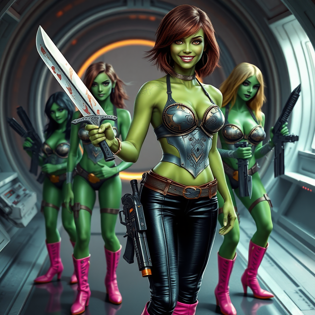 Tall, beautiful green skinned woman. Her brown hair is in a shag-cut style. Her eyes are gold. She is dressed in an ornate metal bra. She is wearing black leather pants, with pink knee high boots. She is holding a large, bloody dagger in a threatening manner. She is smiling. A sci-fi looking gun is holstered at her hip. Four other green-skinned woman, dressed in metal bikinis, each carrying a weapon, stand with her. They are at a sci-fi looking space-port.