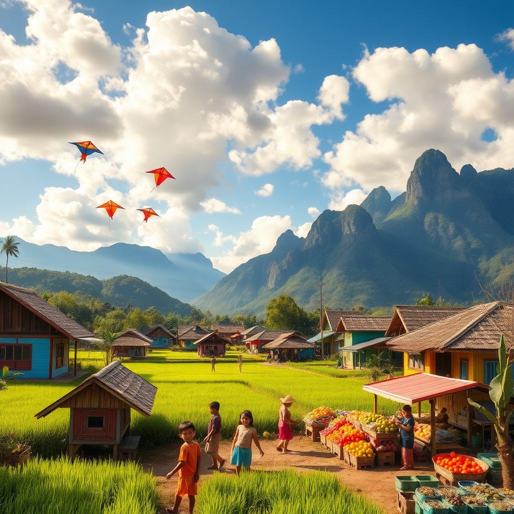 A cheerful small village in Indonesia, surrounded by lush green rice fields and towering mountains. Colorful wooden houses stand neatly, with thatched roofs. Children are flying kites in the open field, while farmers smile as they harvest rice. In the center of the village, there’s a bustling market filled with tropical fruits and handicrafts. The atmosphere is warm and full of togetherness, with a bright blue sky and fluffy white clouds.