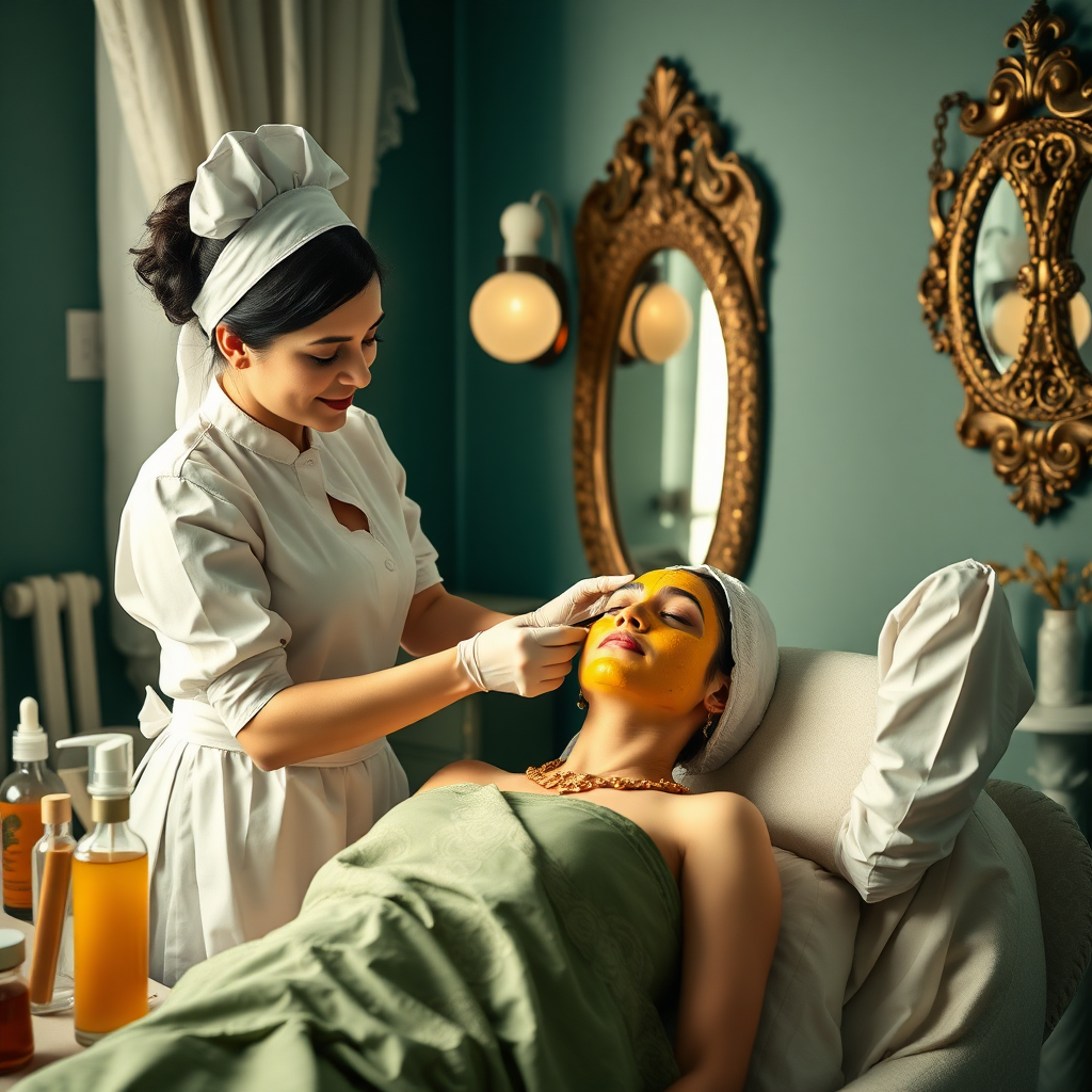 female french maids working in beauty parlour, giving turmeric facial to wealthy indian wife