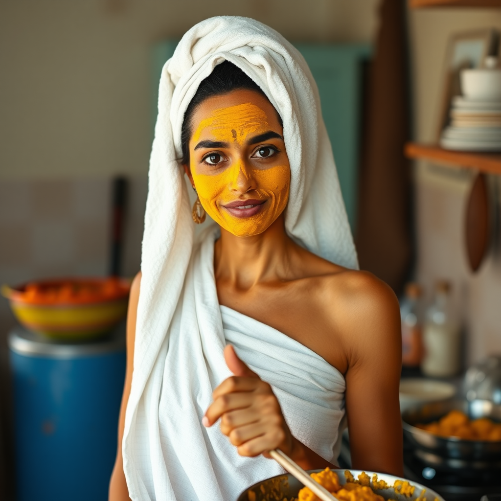 slim, 30 year old, traditional, indian wife, towel head, turmeric face mask, cooking food in kitchen