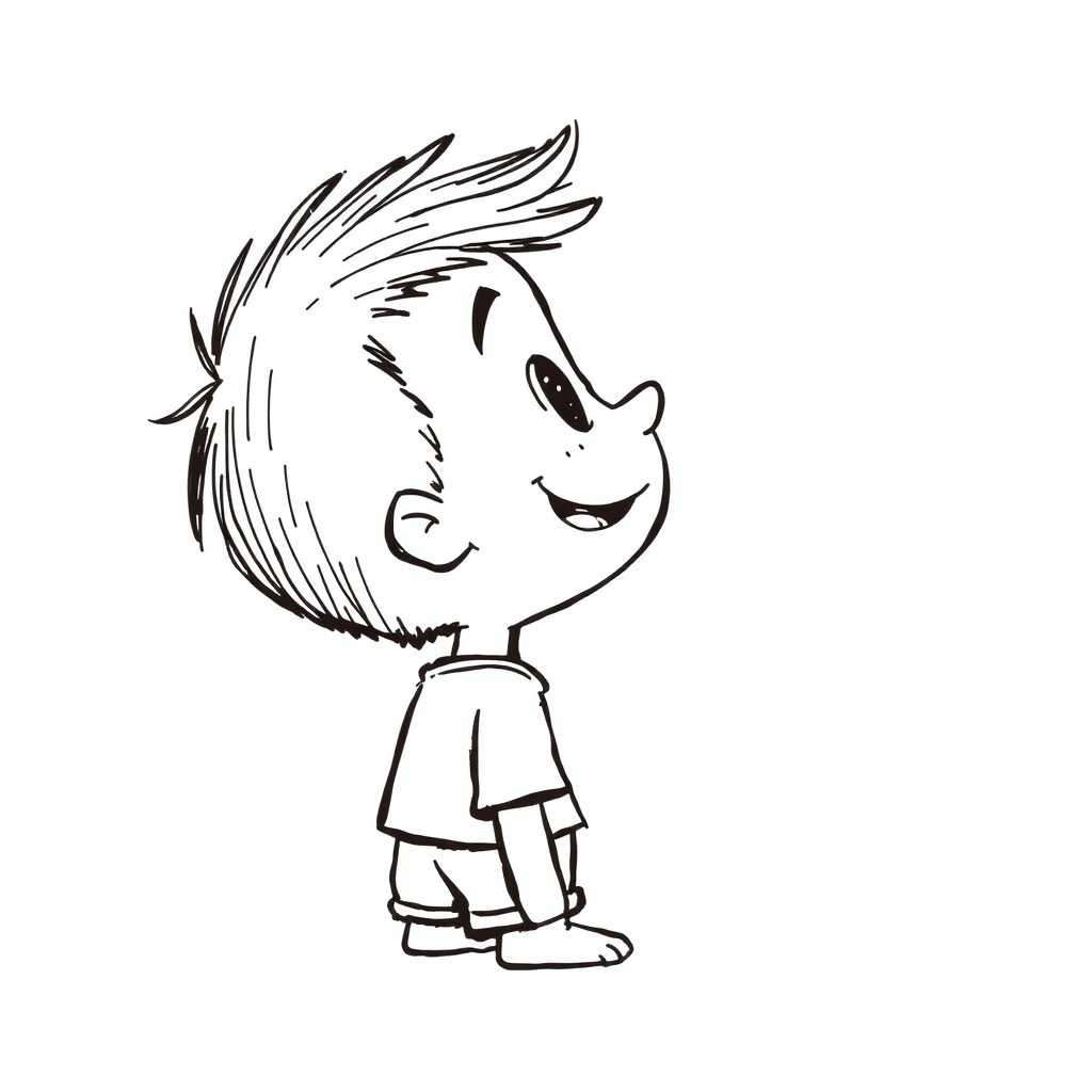 a cute, happy boy drawn from the profile. Looking to the side up reaching forward, cute ink sketch style illustration