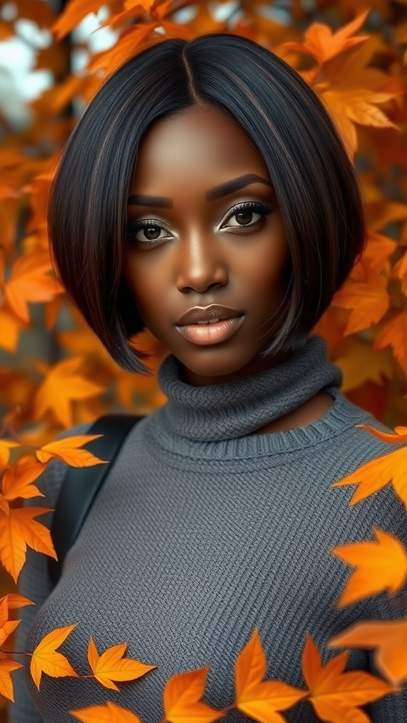 Beautiful model Naomi Campbell with a square bob hairstyle, surrounded by autumn foliage, in high definition.