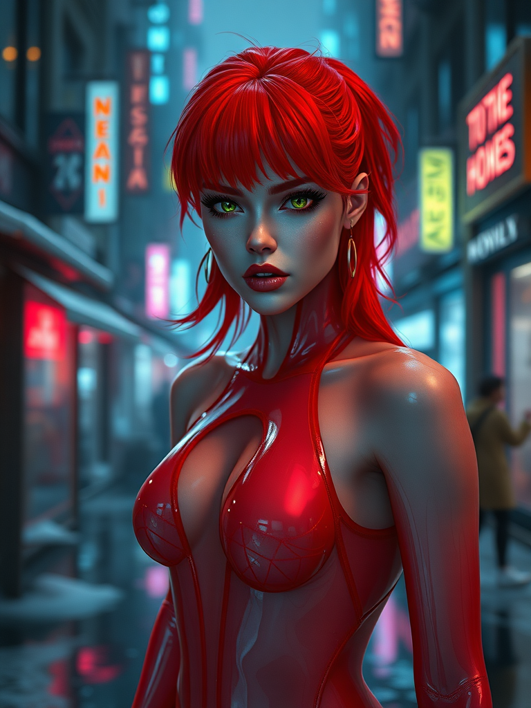 NEXON GAMES, inside in a scenery game city Altered Carbon, white gelatins floating, red hair, green eyes neon, mouth closed with a sarcastic expression of irony, ice street in city, using red gelatin swimsuit translucent metallic red skin, front posing, full body view, Image 9:16 Resolution HD High Quality, cinematic corrected lighting, hyper-realistic saturation in layer fusion with 8K cinematic HDR traces in Real Tracing perspectives, realism vision colors Impact of Realism in the reflections of the environment inspired by wet