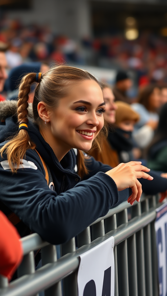 Attractive female NFL fan, pigtail hair, leaning forward over front row stadium barriers, fangirling over a player who's playing.