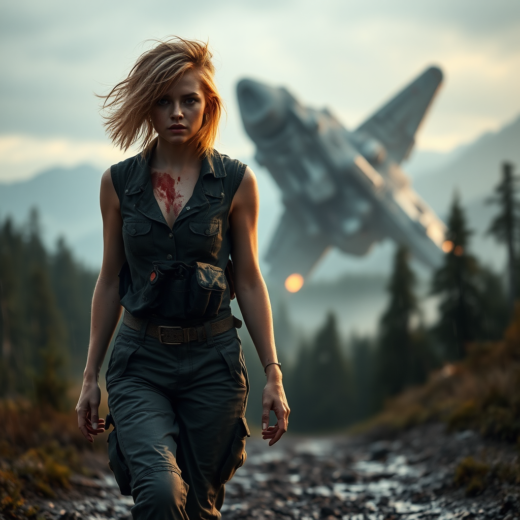 A full body shot of a pretty twenty-something female with a face resembling Ana de Armas, walking towards the camera unsteadily. Strawberry blonde messy shoulder-length hair tussled by the wind. Military outfit. It is dawn. She is bleeding and covered in soot and dirt. There is a giant crashed spaceship out of focus in the background. Forest and mountains, rain. Hyper-realistic, photorealistic digital matte painting, soft focus, film grain, lens flare. Gritty, dirty, scuffed.