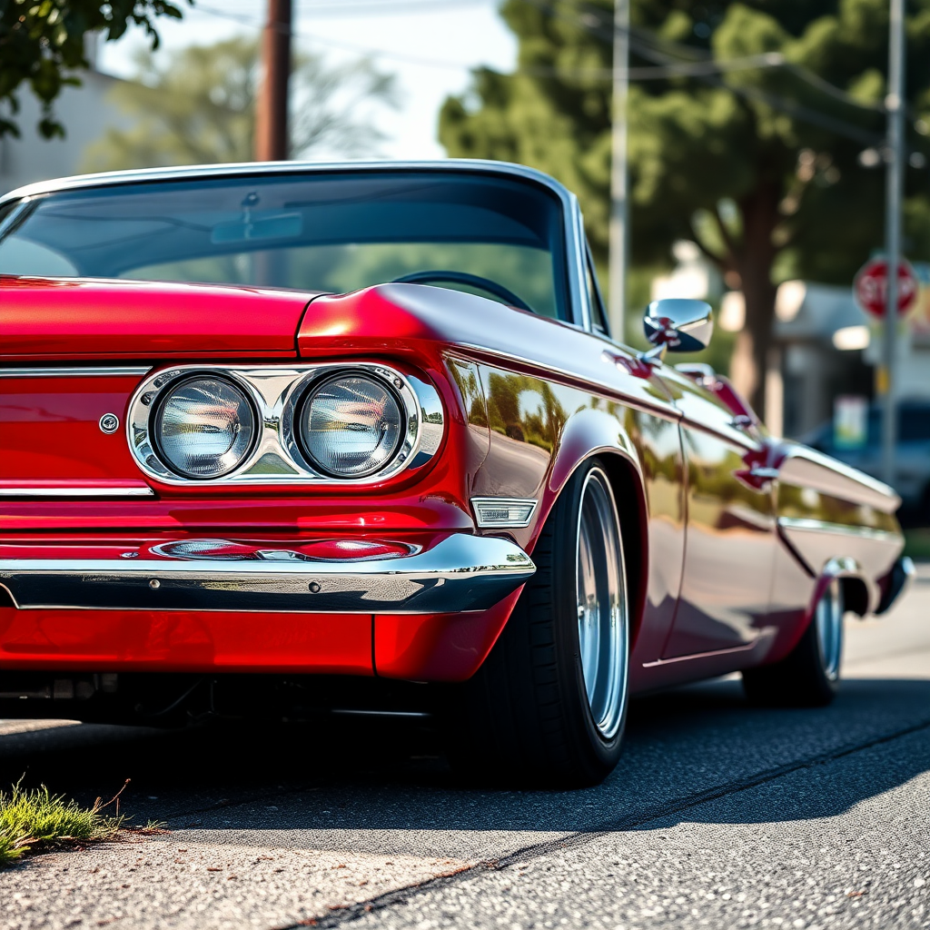 the drag car is parked on the side of the road, inspired by Taiyō Matsumoto, tumblr, restomod, nd4, c4 metallic shine candy red classic american low rider custom ford