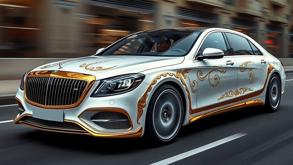 futuristic maybach sedan, A luxurious, white and gold-plated car adorned with intricate, ornate designs and carvings. road motion blur