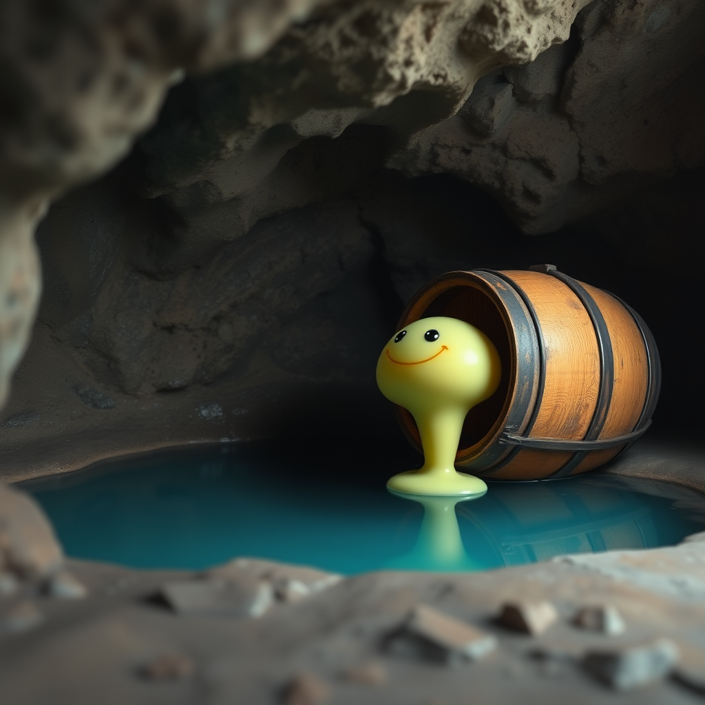 A photo realistic small pool in a cave with a wooden barrel next to it that has a small round transparent pale yellow slime monster crawling out of the barrel