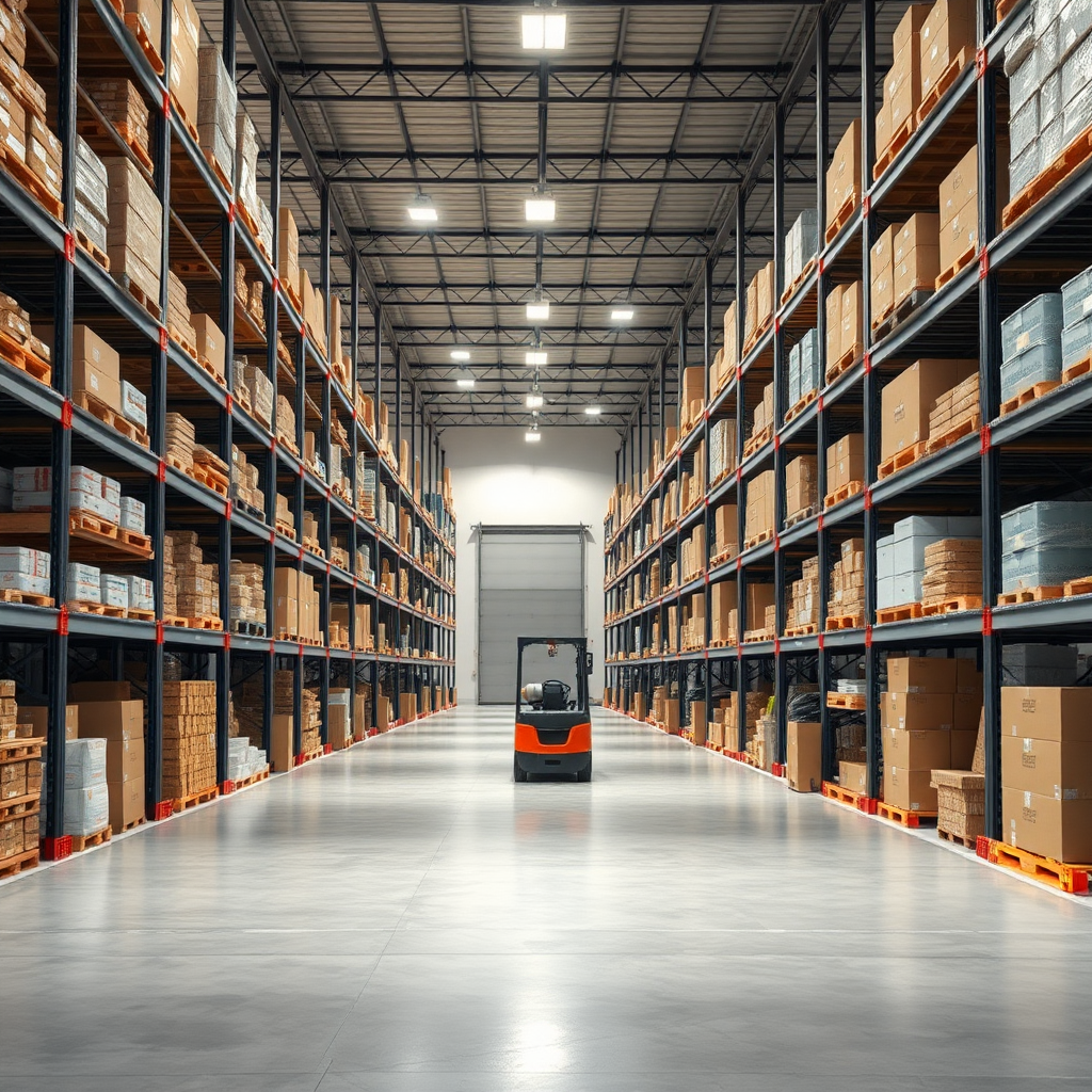 Create a high-resolution photo of a modern warehouse interior. The scene should include tall shelves filled with various boxes and products, a spacious layout with concrete pathways, and bright overhead lighting. Include a forklift without an operator and a partially open gate in the distance. The overall atmosphere should convey efficiency and organization, with a clean and professional look.