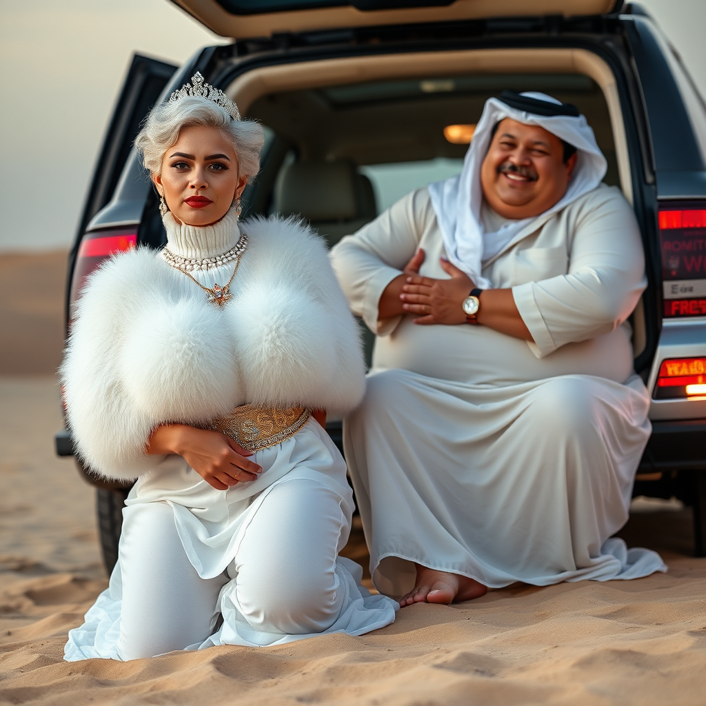 Kuwait desert dunes misty dawn, full size luxury SUV: Melissa, European 17 years old very convincing femboy “trophy-bimbo”, tamed servile docile, very beautiful feminine flawless face, rather short, by hormones very curvaceous womanly figured, platinum blond short tight curls, bold red lips, heavily made-up face, wearing Supertanya-style fluffy very fuzzy bright white angora turtleneck-poncho cropped ending under bust decorated with pearls and gemstones, striking oriental wide gold bridal protection belt, white fully transparent harem pants, full Oriental bridal jewelry with striking headpiece, full Oriental face-jewelry, striking diamond “$$$” letter brooch on left chest, pout frustrated, hands tied behind back, kneeling in sand in front of SUV, looking at camera. Focus on face and turtleneck-poncho. Sitting next embracing Melissa: older overweight mighty sheik laughing.