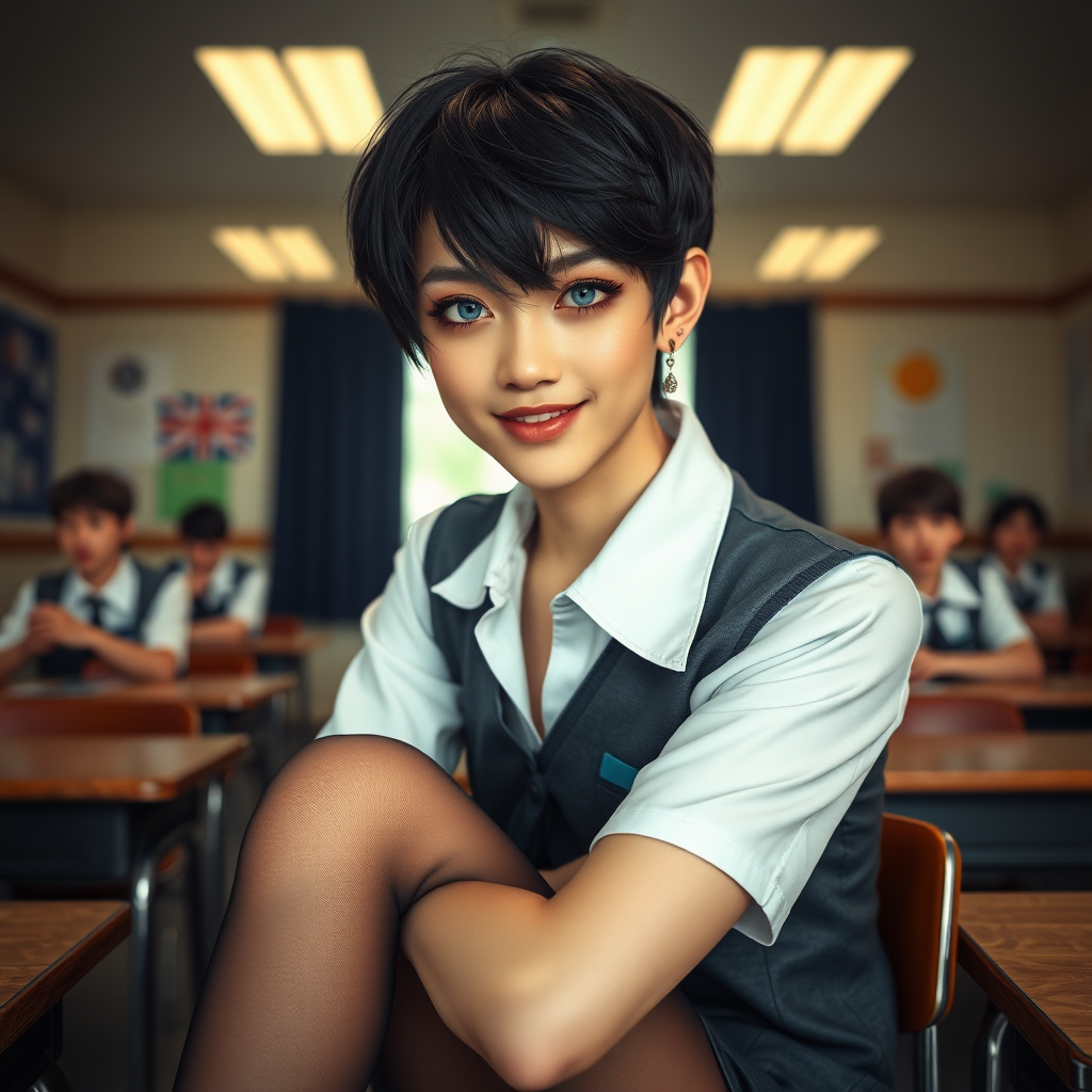 photorealistic, ultra high resolution, 16K, surreal fantasy, soft studio lighting, a pretty 17 year old goth male, slim male physique, short dark hair, blue eyes, goth makeup, earrings, sheer pantyhose, UK girls-school uniform, Mary-Jane shoes, sitting in the classroom, excited smile, facing the camera.