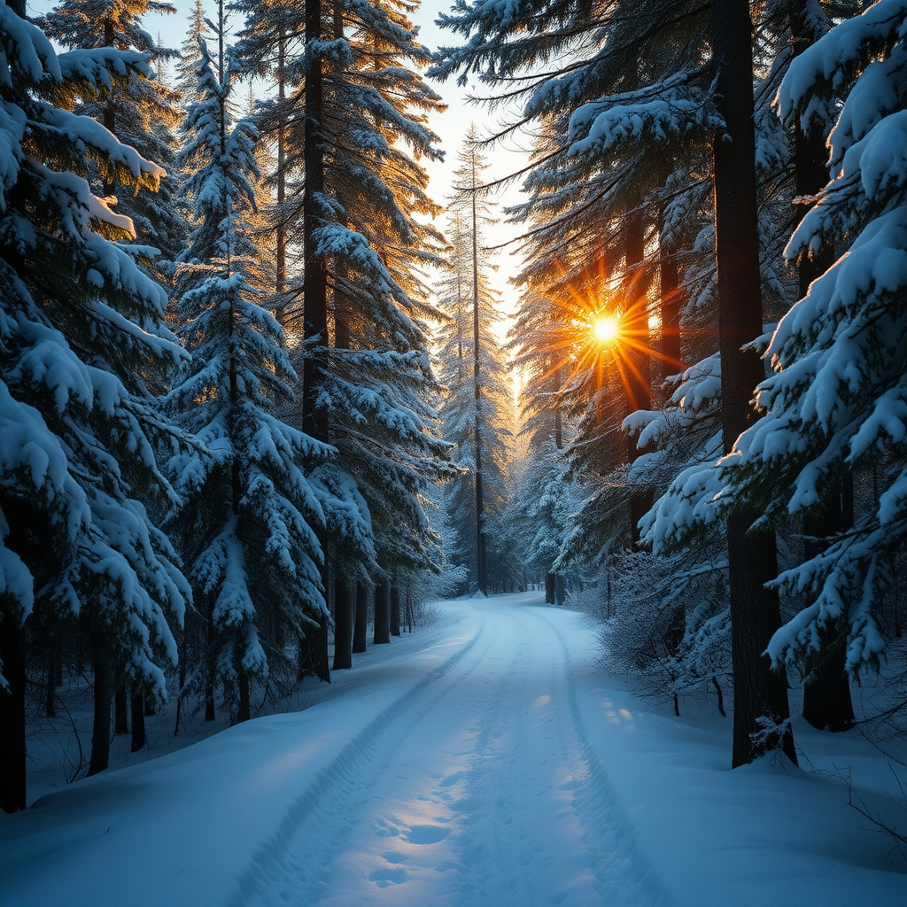 The winter forest landscape of the golden hour is characterized by a narrow path covered in snow that winds its way between tall evergreens, with fresh white snow filling the branches. Soft sunlight filters through the trees, casting a warm golden glow on the trail and illuminating patches of snow. The surrounding atmosphere is calm and tranquil, with deep shadows contrasting against bright highlights. The colors include the cool blues and whites of the snow, the rich greens of the pines, and hints of warm yellows and oranges from the sunlight. In a surreal style, it captures the intricate details of the snow's texture on the trees and the bark, evoking a peaceful sense of solitude in nature.