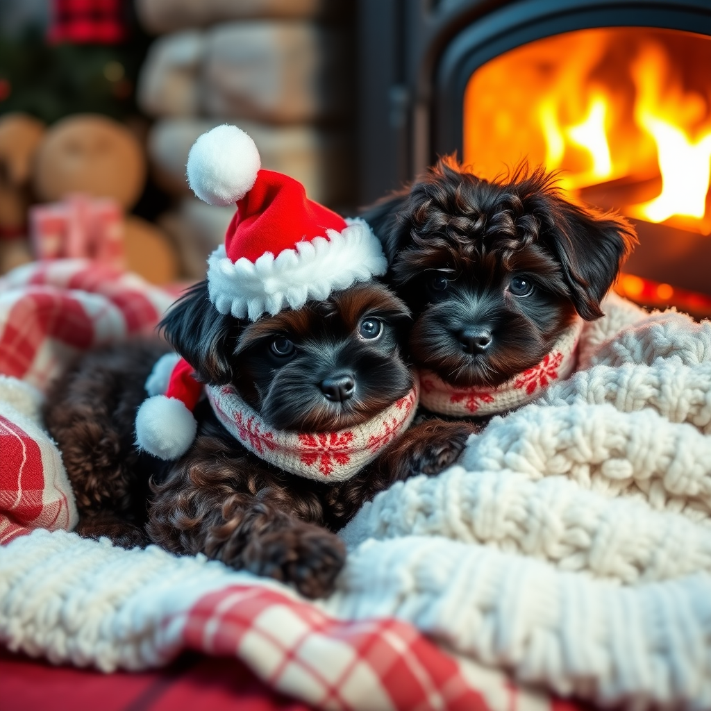 cute tiny dark chocolate colored cockapoo, with Santa Claus, laying on super soft blankets, with a scarf and a silly hat, next to a roaring fireplace