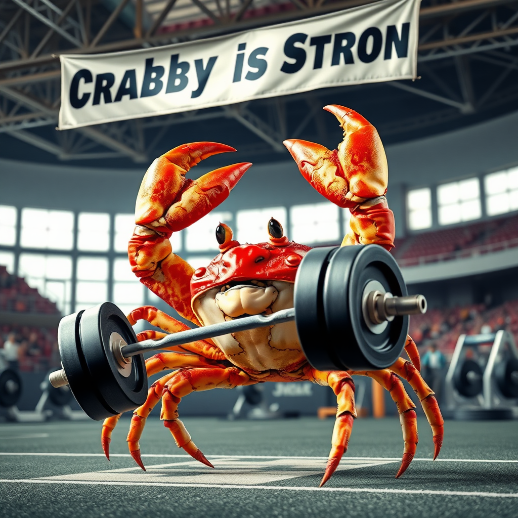 A photo realistic crab lifting weights with his claws in a sport arena with a banner overhead that says "Crabby is Strong"