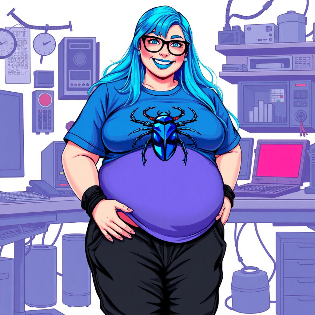 A cyberpunk vigilante's 28-year-old computer science major nerdy, full figured, heavily pampered computer hacker and tech-wiz girlfriend with long, maximum blue hair. She wears maximum blue lipstick and has bright blue eyes. Her outfit includes an oversized, maximum blue t-shirt (accentuating her gargantuan midsection) featuring a maximum blue gemstone beetle chest emblem. She sports black eyeglasses, black sweatpants, with a beaming smile and neon red blush. Her full figure reflects the doting care of her vigilante boyfriend. As her boyfriend's tech-wiz, she primarily works in his hideout, operating from her workbench and her computer desk. The background is solid white. She has a prominent, round, gargantuan midsection. Her midsection is bloated to emphasize her full figure. She is drawn as if she was in a retro 2D cyberpunk fighting game.