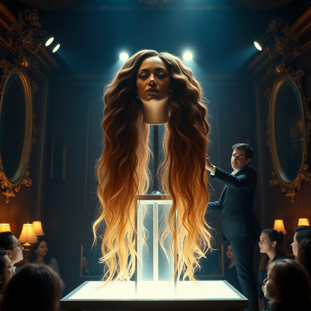 In an enchanting exhibit of a unique long hair fetish museum, a stunningly elaborate magic trick captivates the audience’s attention. At the center of the dimly lit space, a gracefully illuminated stand showcases the ethereal figure of Beyoncé’s disembodied head, framed by cascading waves of her lustrous, very long hair that cascades down like shimmering silk. The hair, glistening under soft, warm spotlights, exhibits hues of deep mahogany with subtle hints of golden highlights, creating an almost hypnotic effect.

Surrounding the stand, walls adorned with gorgeous, vintage mirrors reflect the shimmering locks, amplifying their beauty and allure. The hushed whispers of intrigued onlookers blend with the distant soft strains of classical music, enhancing the atmosphere of wonder and awe. The air is scented lightly with a blend of fresh flowers and rich sandalwood, creating a serene environment that feels both magical and slightly surreal.

As the audience watches, the hair seems to sway gently, as if a life of its own, evoking a sense of wonder and curiosity. The performer, dressed in an elegantly tailored suit, adds to the mystique as they skillfully manipulate the setup, their swift movements punctuated by gasps of disbelief and excitement from the crowd. This moment encapsulates a fusion of artistry and illusion, capturing both the essence of beauty and the intrigue of the extraordinary.