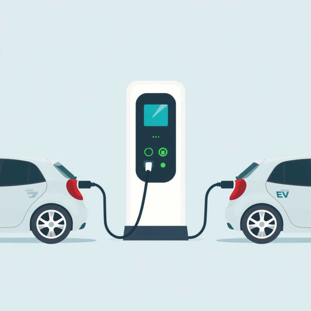 A symmetrical simple flat illustration of an EV charger with two cars connected, cars are fully visible, one on each side of the charger.