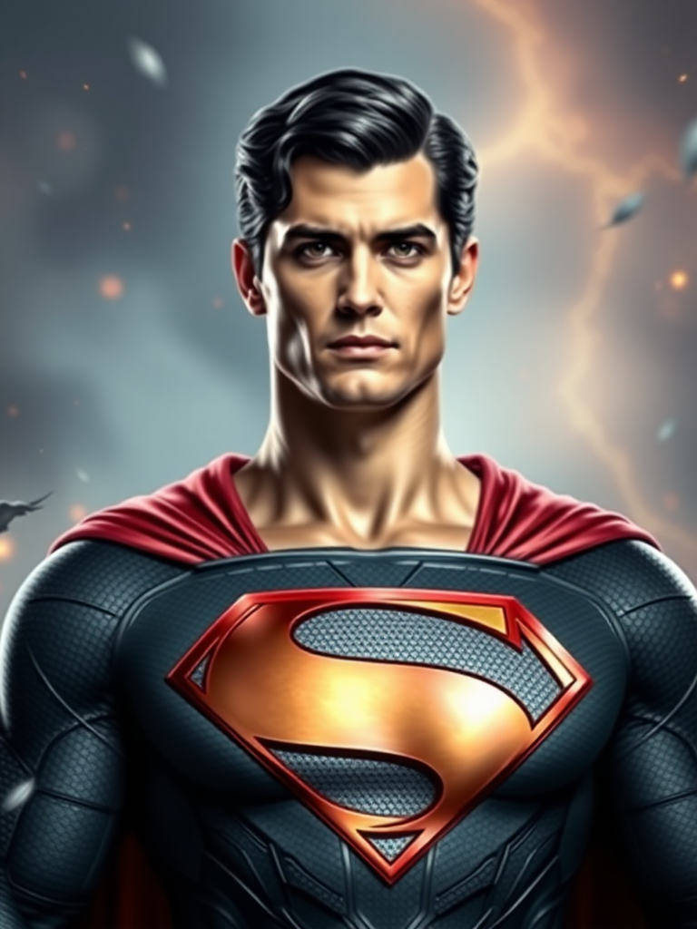 Generate a full-length image of Superman, utilizing Black Canary's female figure for the body. Maintain Superman's head, hairstyle, and facial features. Merge key embellishments from Black Canary's costume into Superman's, adjusting it to fit the new proportions. For the background, blend elements inspired by both characters' worlds.